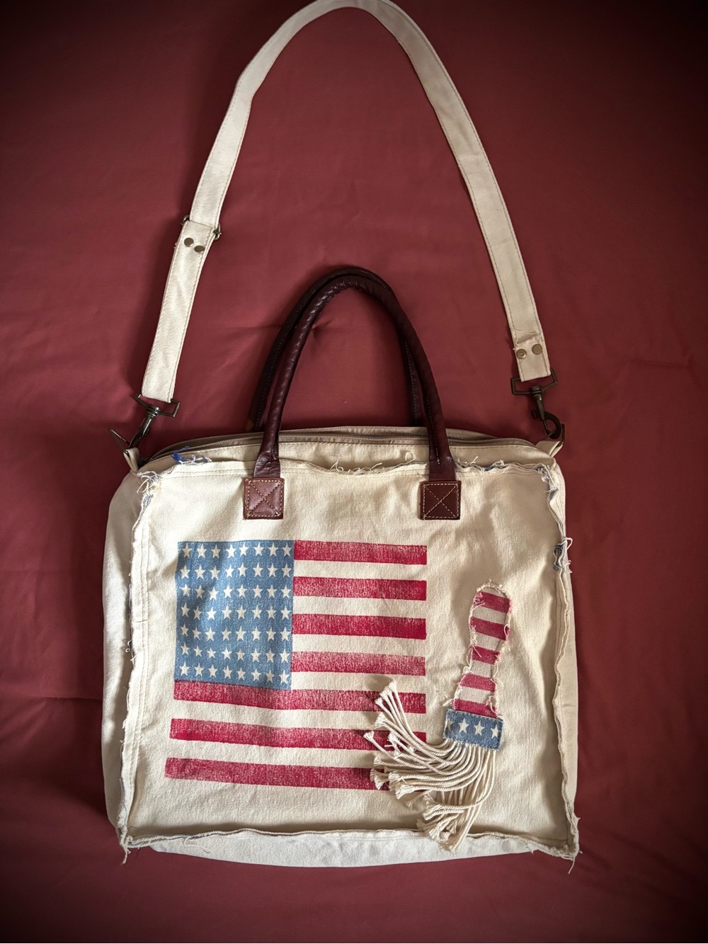 Barrel Shack Distressed Flag Tote with Fringe Accent